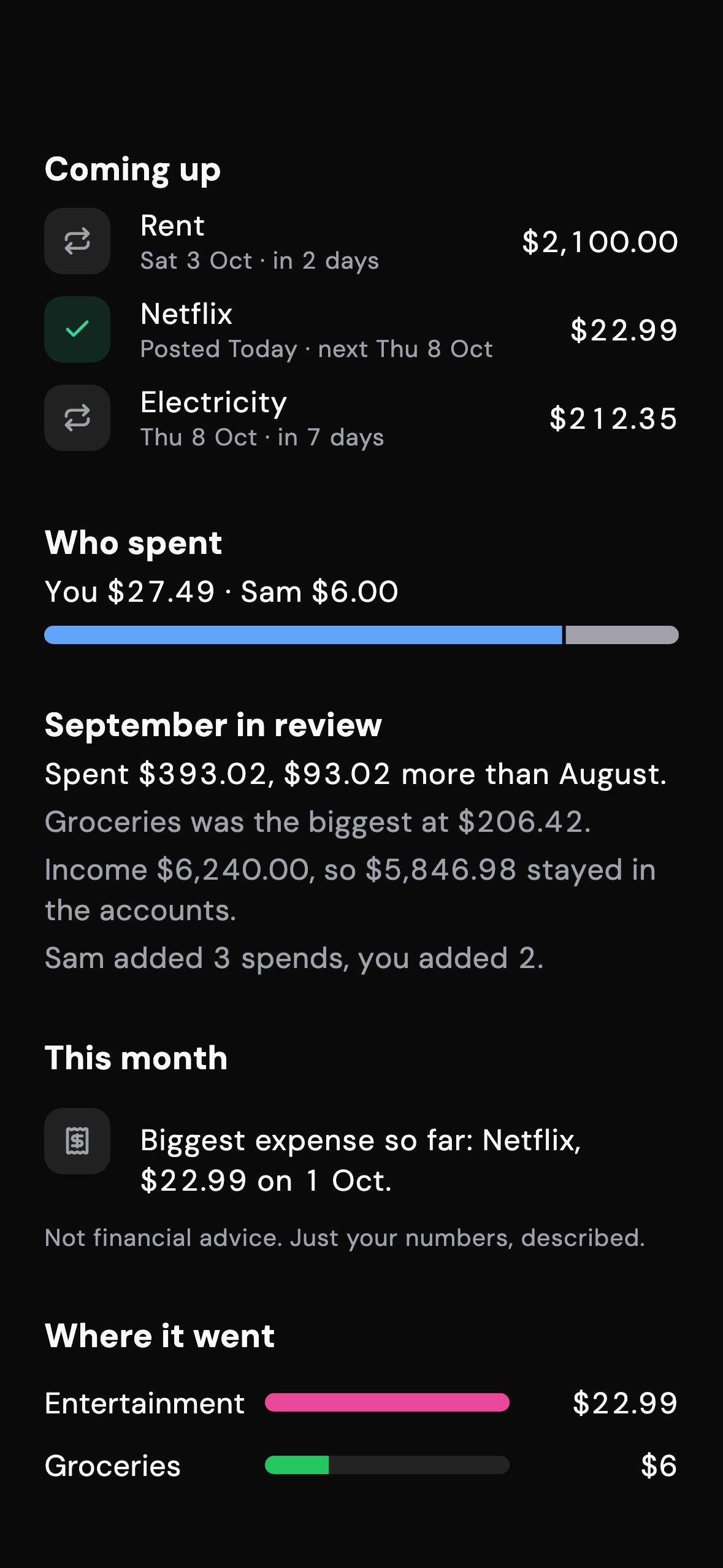 Coming up bills with posted ticks, who spent, and last month in review