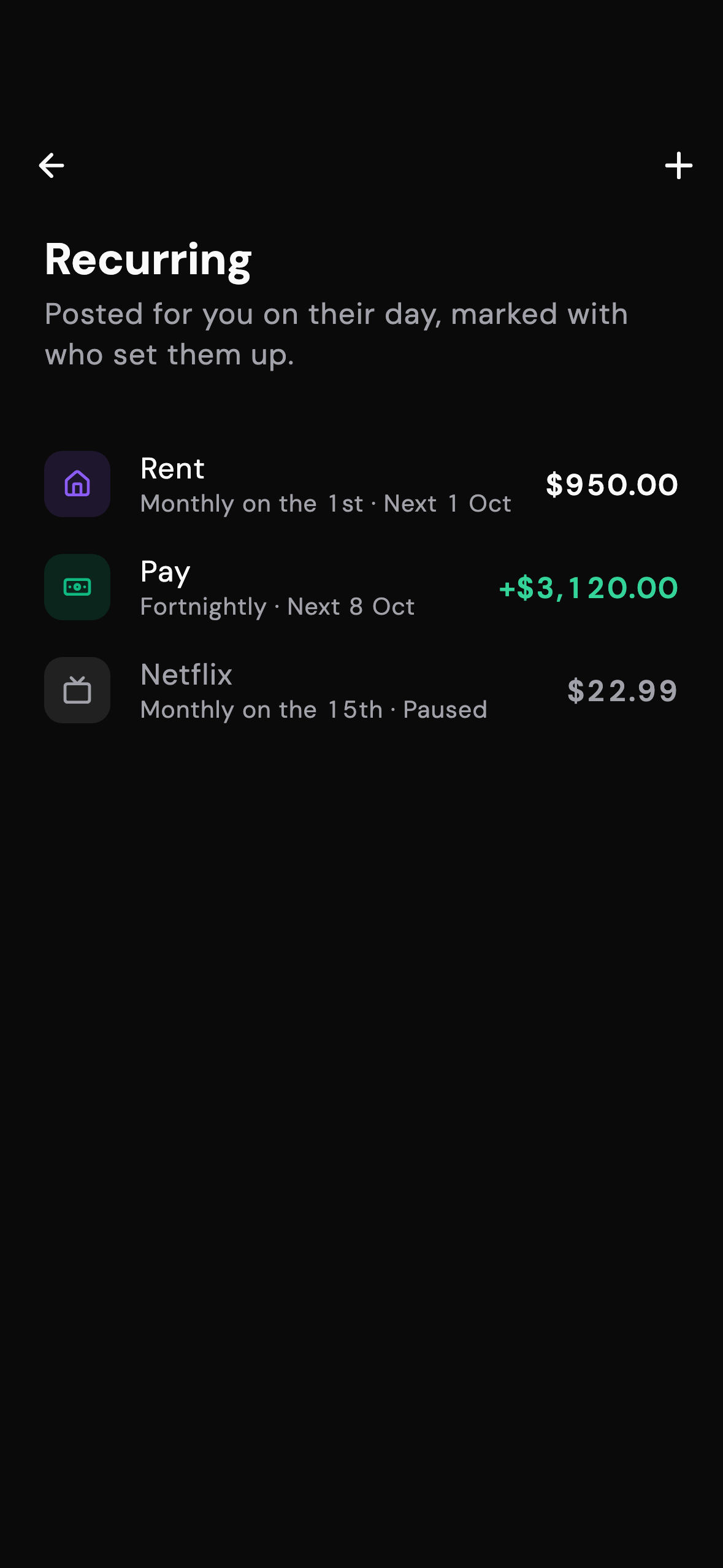 Recurring bills and their next dates