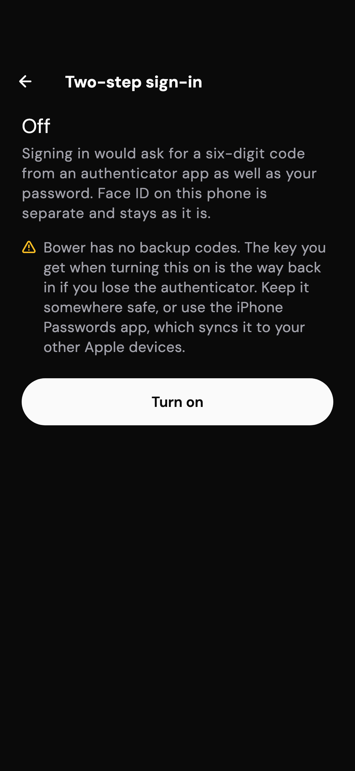 Two-step sign-in settings with the recovery note