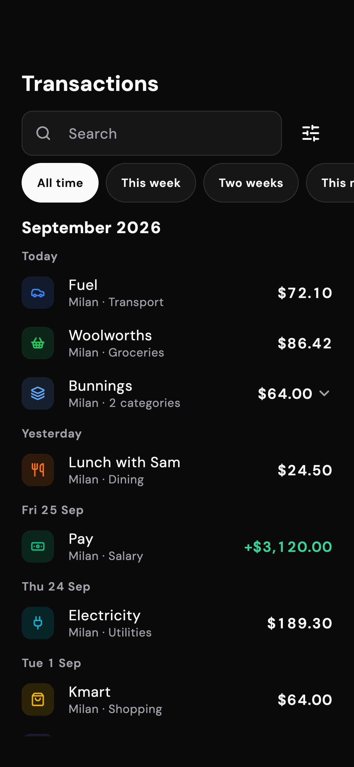 Transactions list with search, period pills and a filter button